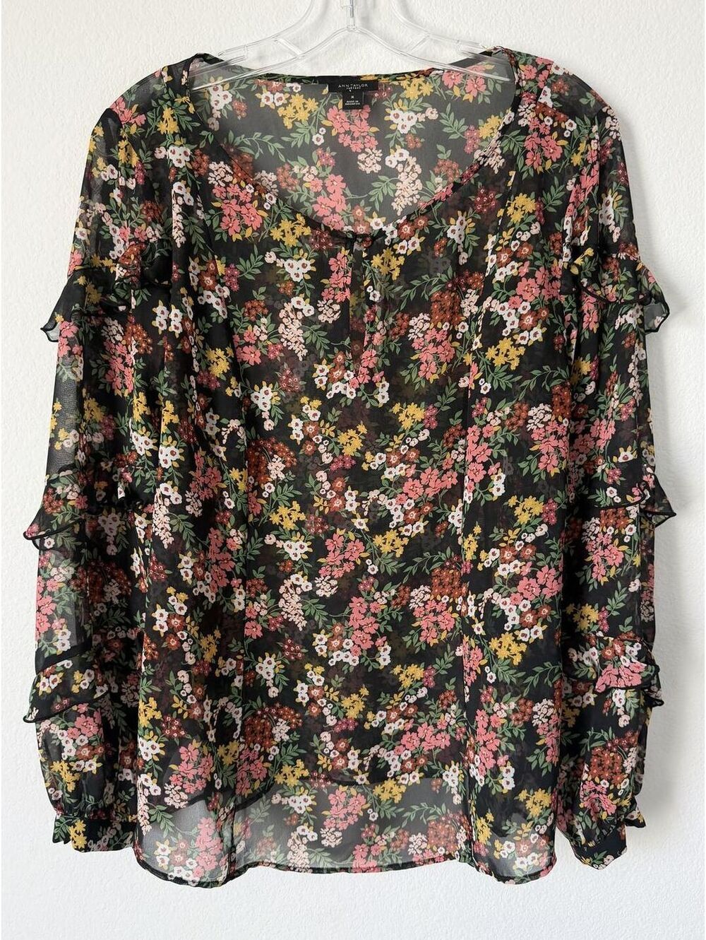 Ann Taylor Ruffled Long Sleeve Keyhole Neck Sheer Floral Blouse Women's Size M
